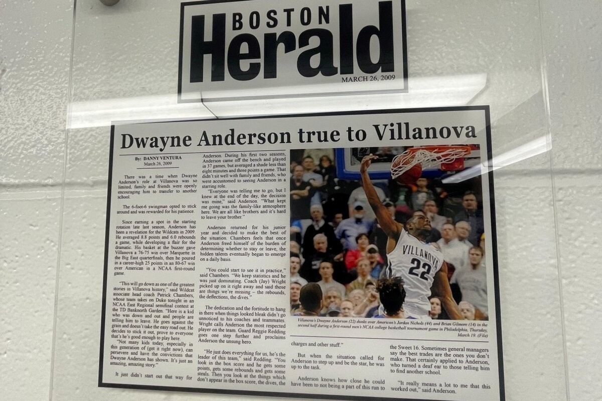 卒業生Dwayne Anderson（Villanova→NBA）のBoston Herald掲載記事